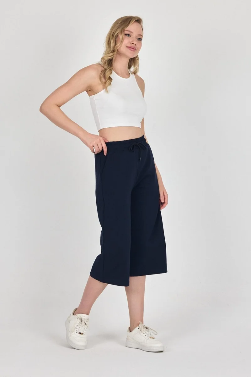 ميتاليك High Waist Pocketed Relaxed Cut Seasonal Women's Below Knee Bermuda Navy Blue Capri Shorts