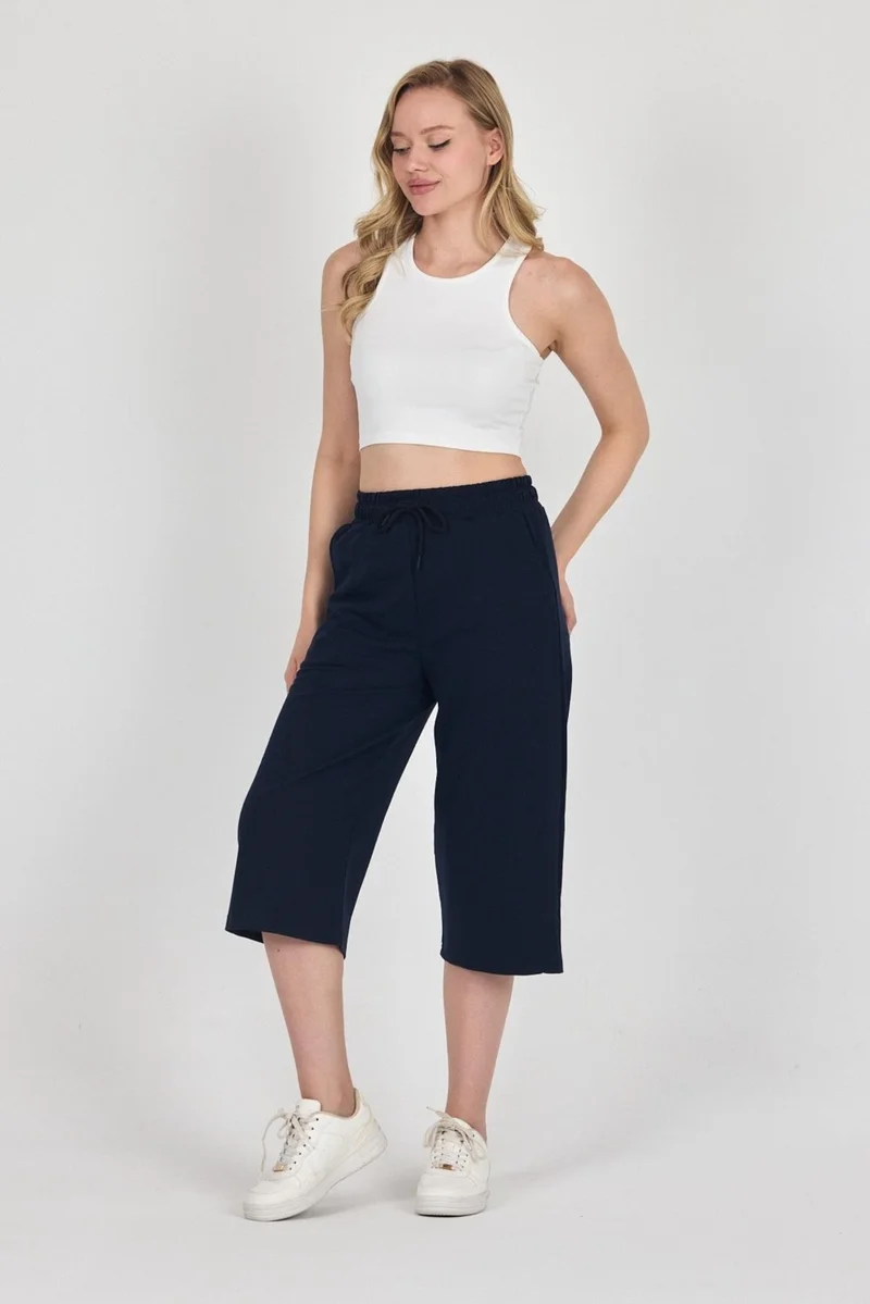 mmetalic High Waist Pocketed Relaxed Cut Seasonal Women's Below Knee Bermuda Navy Blue Capri Shorts