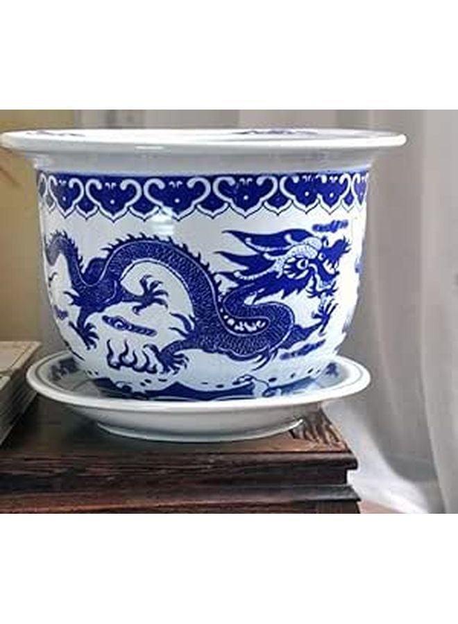 Chinese Style Blue And White Ceramic Flower Pot Hand Drawn Dragon Indoor Outdoor Plant Pot - Image 1