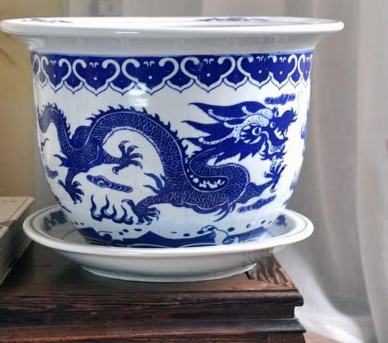 Chinese Style Blue And White Ceramic Flower Pot Hand Drawn Dragon Indoor Outdoor Plant Pot - Image 2