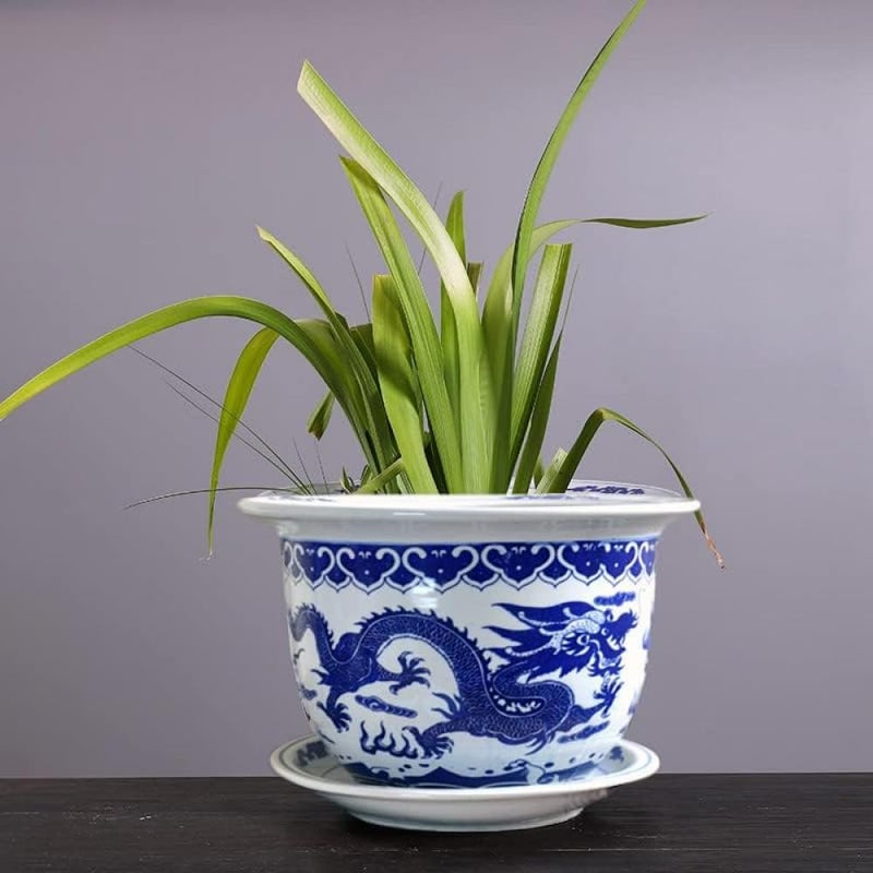 Chinese Style Blue And White Ceramic Flower Pot Hand Drawn Dragon Indoor Outdoor Plant Pot - Image 3