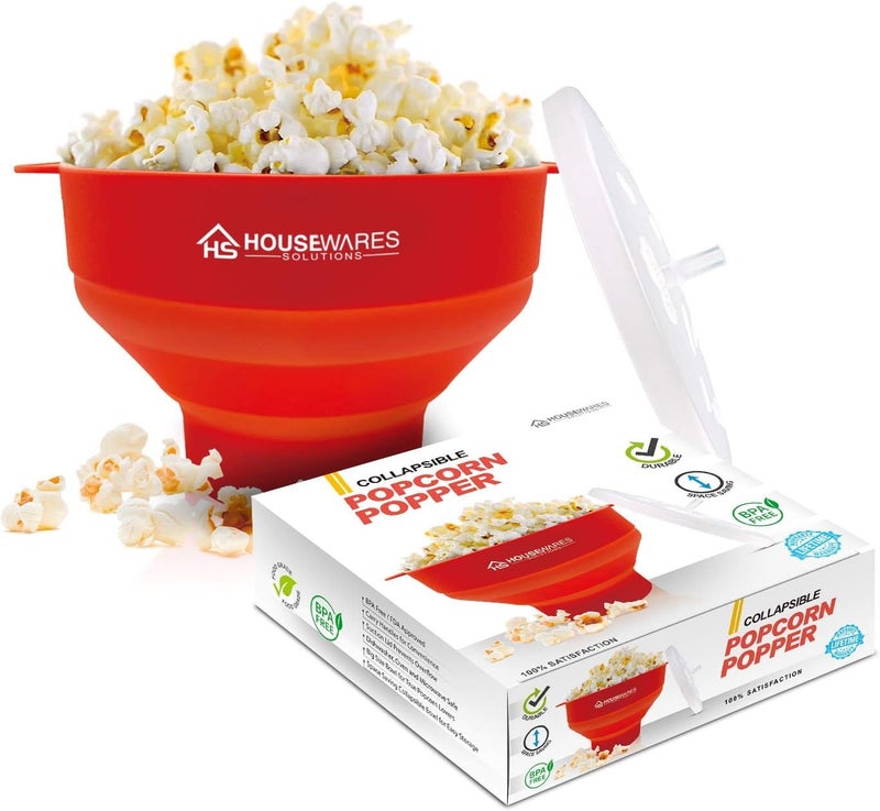 Collapsible Silicone Microwave Hot Air Popcorn Popper Bowl With Lid and Handles  Red