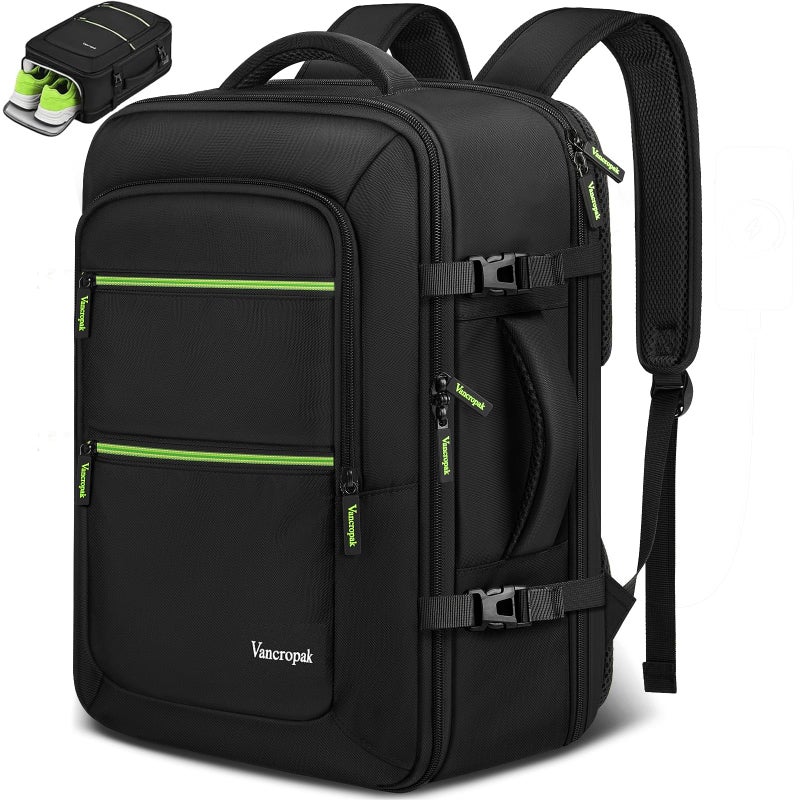 Vancropak Travel Personal Item Backpack for Spirit Airlines with Shoe Compartment Removable, 18x14x8 TSA Approved Underseat Carry on Backpack, Large Luggage Suitcase Bag Fit 17.3" Laptop, Black - Image 1