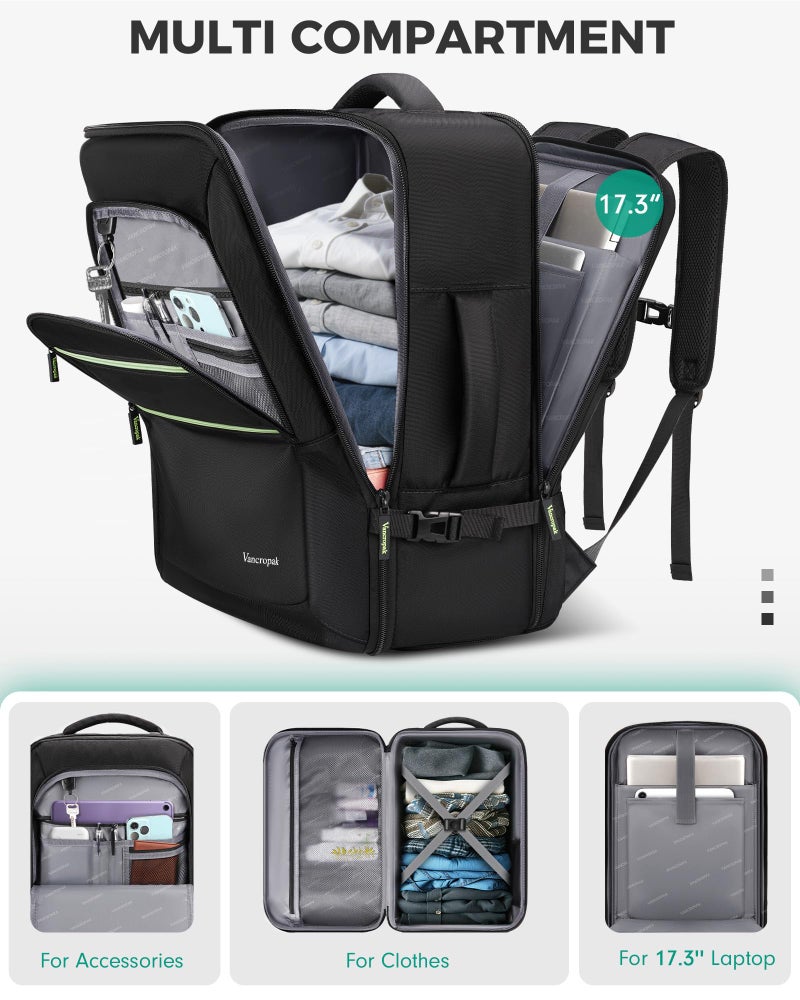 Vancropak Travel Personal Item Backpack for Spirit Airlines with Shoe Compartment Removable, 18x14x8 TSA Approved Underseat Carry on Backpack, Large Luggage Suitcase Bag Fit 17.3" Laptop, Black - Image 3