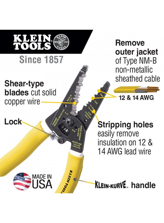 Klein Tools Klein Tools K1412 Wire Cutter / Wire Stripper, Dual NM Cable Stripper / Cutter Cuts Solid Copper Wire, Strips 12 and 14 AWG Solid Wire,Yellow/White  - Image 1