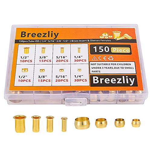 Breezliy 150PCS Tube OD（1/4" 5/16" 3/8" 1/2") Brass Compression Sleeves Ferrules & Insert,4 Sizes Brass Compression Fitting Assortment Kit - Image 1