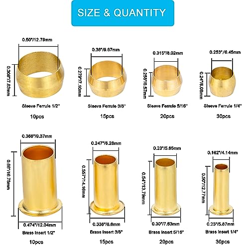 Breezliy 150PCS Tube OD（1/4" 5/16" 3/8" 1/2") Brass Compression Sleeves Ferrules & Insert,4 Sizes Brass Compression Fitting Assortment Kit - Image 2