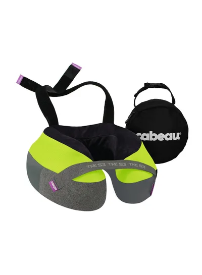 Cabeau The Neck's Evolution S3 Memory Foam Pillow | Chin & Neck Support, Keeps Mouth Closed, No Head Tilt, Comfiest, AirFlow Design & Seat Strap System, for Travel & Home, Washable Cover - Neon Yellow