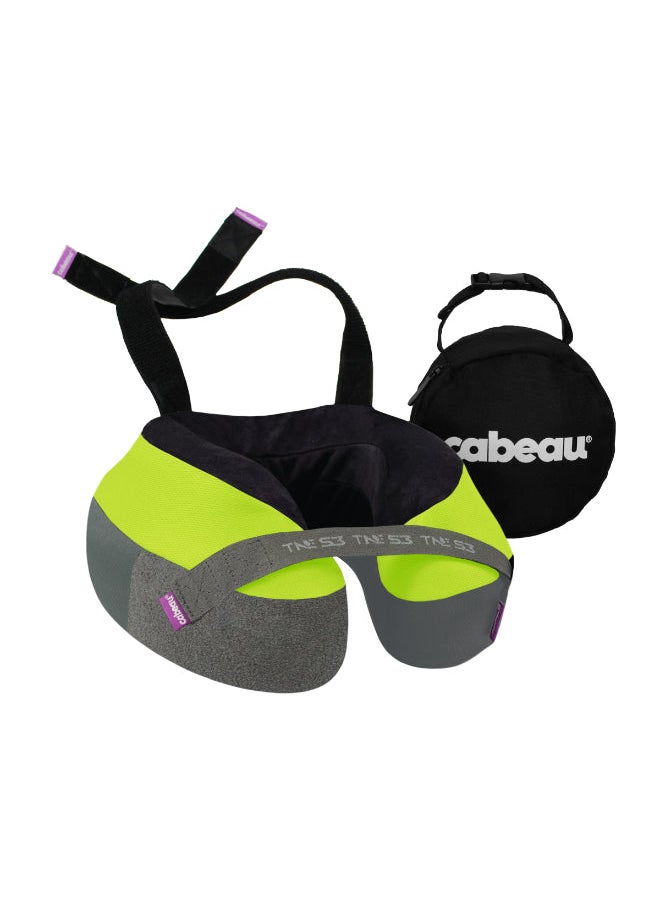 Cabeau - The Neck's Evolution S3 Memory Foam Pillow | Chin & Neck Support, Keeps Mouth Closed, No Head Tilt, Comfiest, AirFlow Design & Seat Strap System, for Travel & Home, Washable Cover - Neon Yellow - Image 1