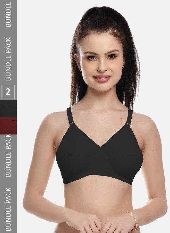 FIMS Pack of 2 Cotton Blend Non-Padded Bras in Black and Maroon - Image 1