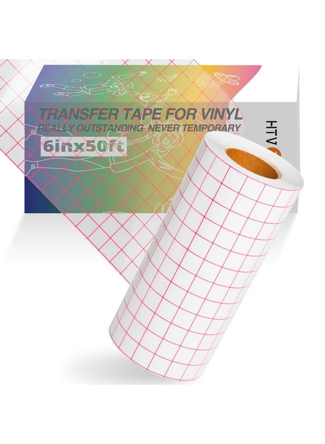 HTVRONT Clear Vinyl Transfer Paper Tape Roll 6" X 50 Feet Clear W/Red Alignment Grid Application Transfer Tape Perfect For Self Adhesive Vinyl For Signs Stickers Decals Walls Doors & Windows - Image 1