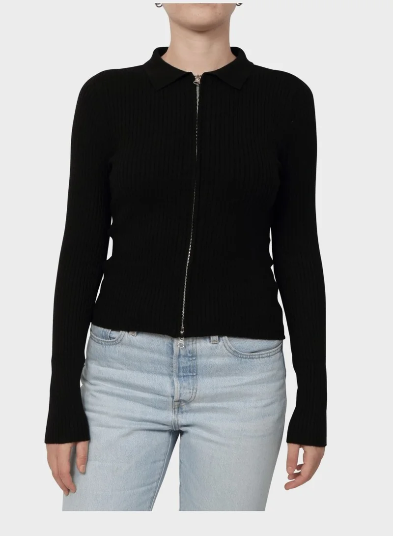 اونلي LIBI LS RIB O-NECK ZIPPER CARDI