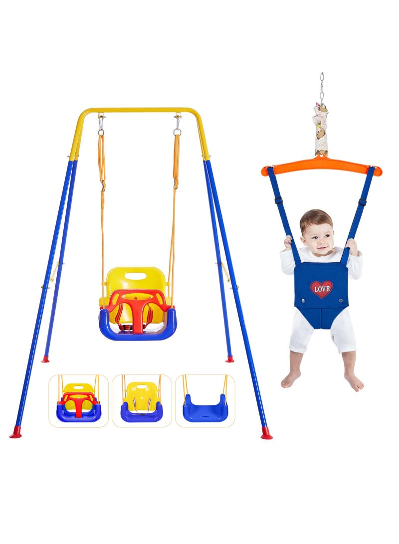 ميكسد مرحة وملائمة للداخل والخارج، أرجوحة ومرتدة مجموعة ثلاثية الوظائف للأطفال الصغار، تأتي مع حامل معدني قابل للطي لسهولة التخزين - Image 1