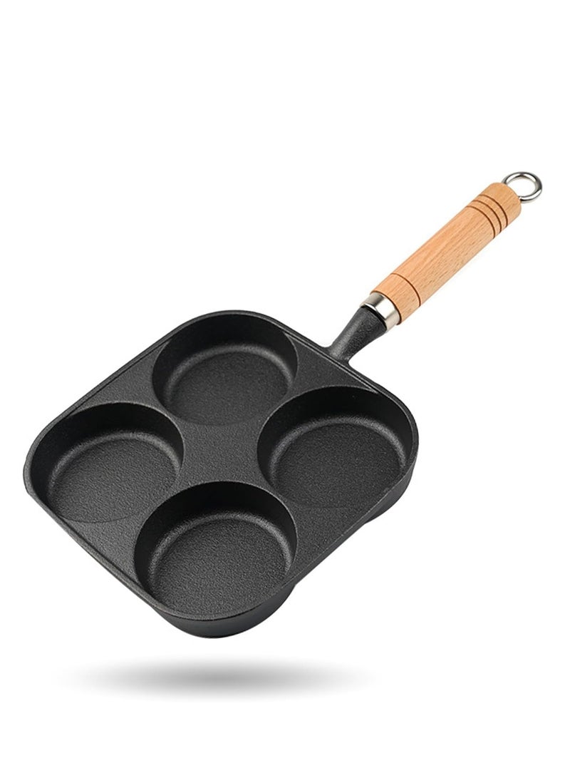 مقلاة غير لاصقة، مقلاة حديد زهر مقسمة 4 أكواب بيض مع مقبض خشبي، مقلاة إفطار عجة بيض للبيض، شريحة لحم وبرغر (أسود) - Image 1