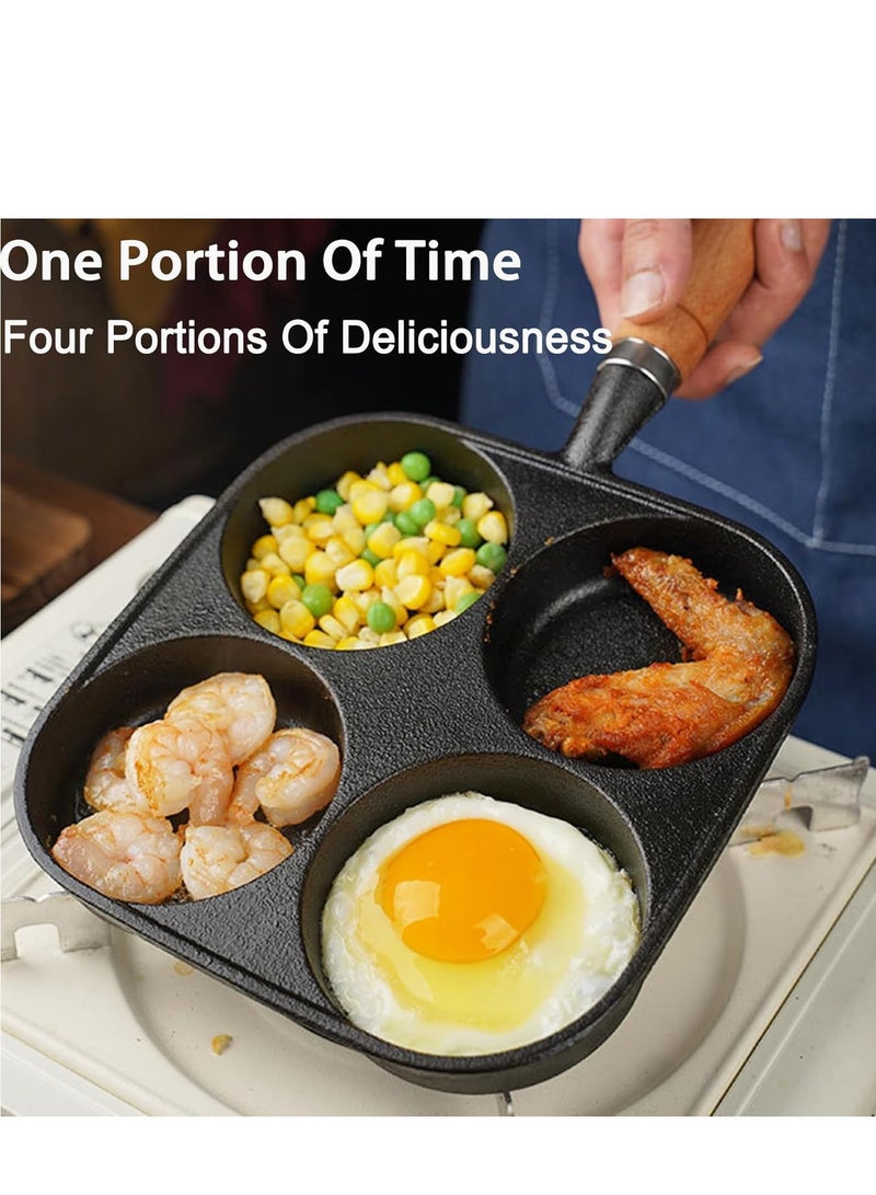 مقلاة غير لاصقة، مقلاة حديد زهر مقسمة 4 أكواب بيض مع مقبض خشبي، مقلاة إفطار عجة بيض للبيض، شريحة لحم وبرغر (أسود) - Image 2
