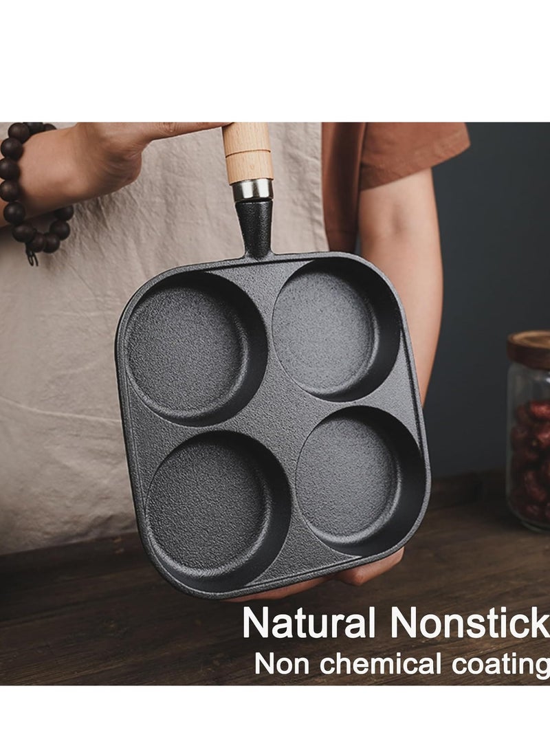 مقلاة غير لاصقة، مقلاة حديد زهر مقسمة 4 أكواب بيض مع مقبض خشبي، مقلاة إفطار عجة بيض للبيض، شريحة لحم وبرغر (أسود) - Image 3