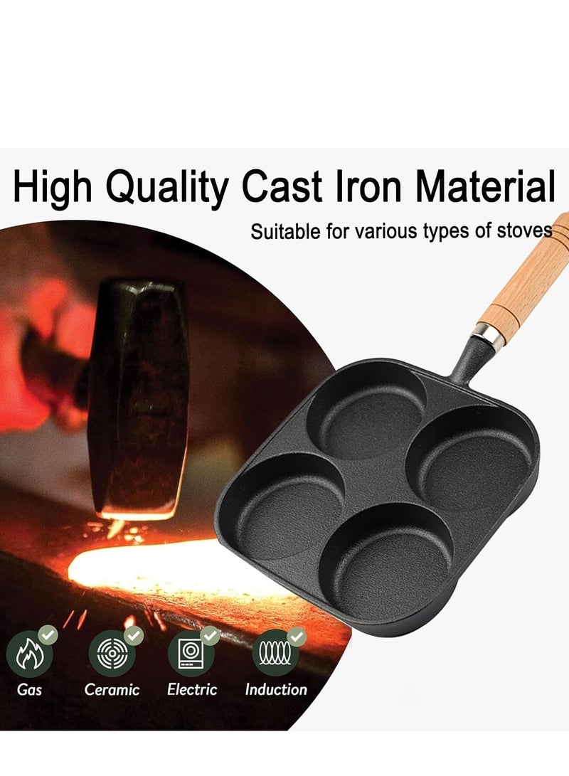 مقلاة غير لاصقة، مقلاة حديد زهر مقسمة 4 أكواب بيض مع مقبض خشبي، مقلاة إفطار عجة بيض للبيض، شريحة لحم وبرغر (أسود) - Image 4