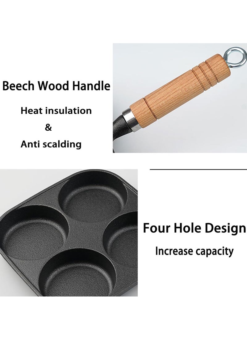 مقلاة غير لاصقة، مقلاة حديد زهر مقسمة 4 أكواب بيض مع مقبض خشبي، مقلاة إفطار عجة بيض للبيض، شريحة لحم وبرغر (أسود) - Image 5