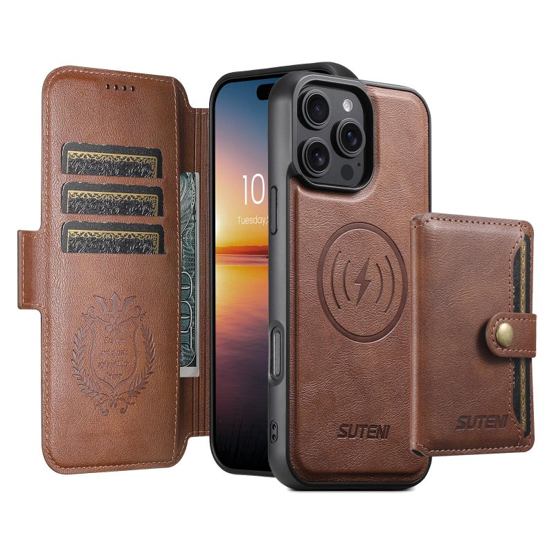 Suteni For Iphone 16 Plus Q07S1 3-In-1 Detachable Wallet Magsafe Splicing Leather Phone Case(Brown) - Image 2