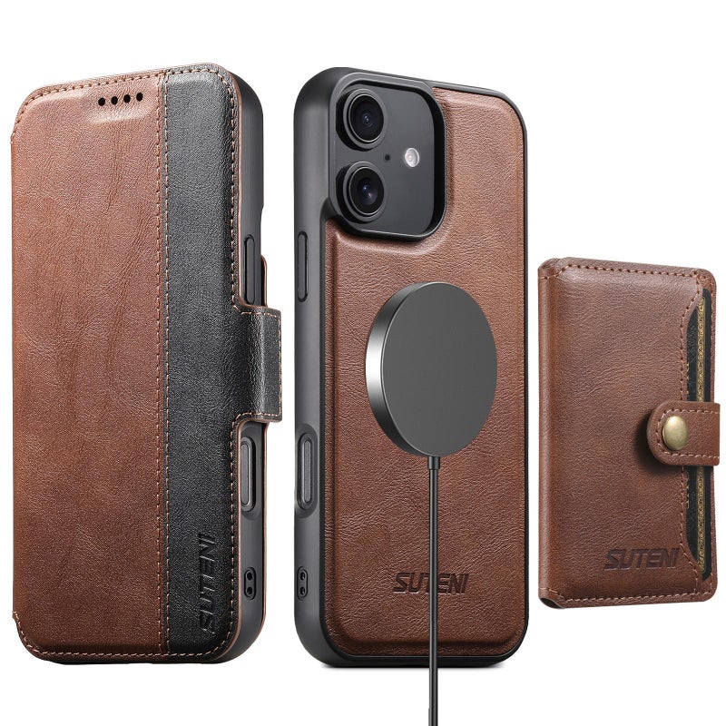 Suteni For Iphone 16 Plus Q07S1 3-In-1 Detachable Wallet Magsafe Splicing Leather Phone Case(Brown) - Image 1