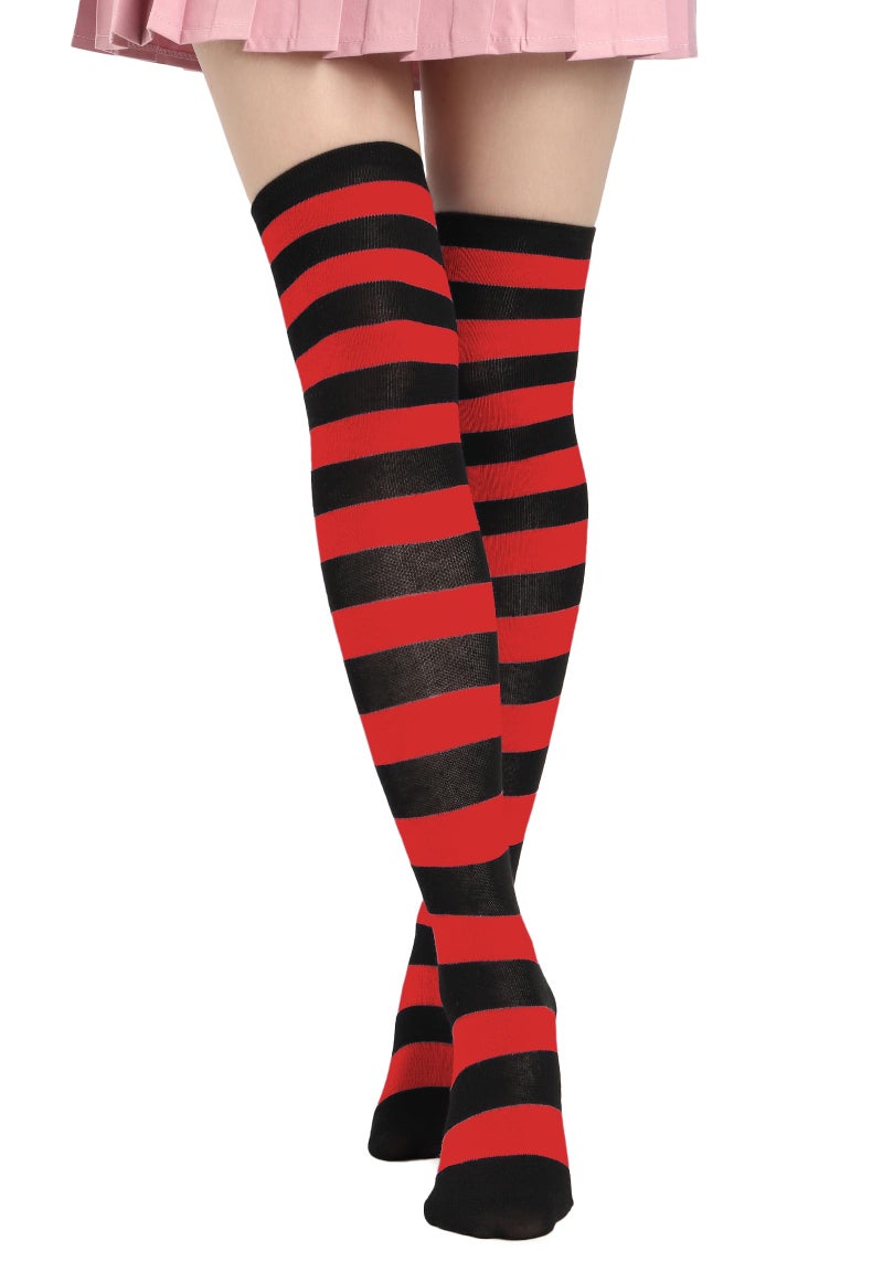 DAZCOS Striped Thigh High Socks Elastic Over The Knee Knit Stockings for Daily or Anime Cosplay (Red+Black) - Image 1