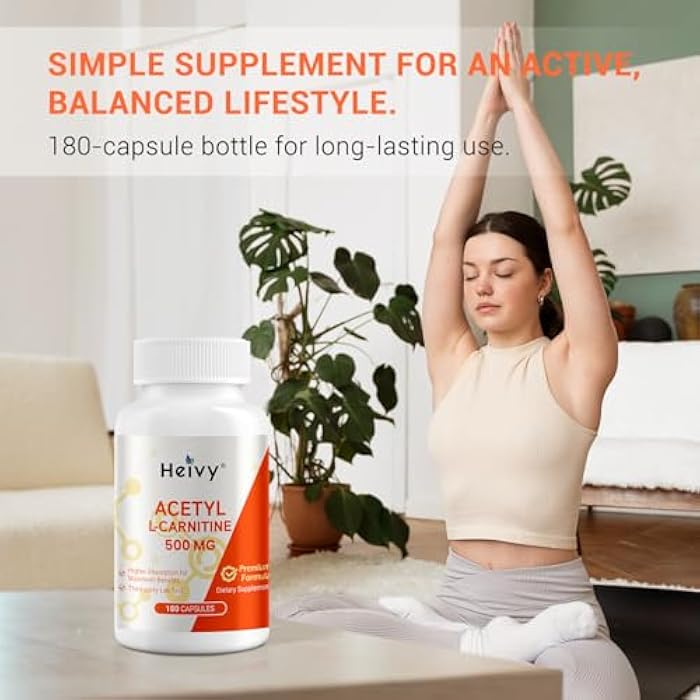 Heivy Acetyl L-Carnitine (ALCAR) 500 mg, 180 Capsules, Amino Acid Support for Brain Function & Nerve Health, Non-GMO and Gluten Free, 1 Capsule per Serving - Image 4
