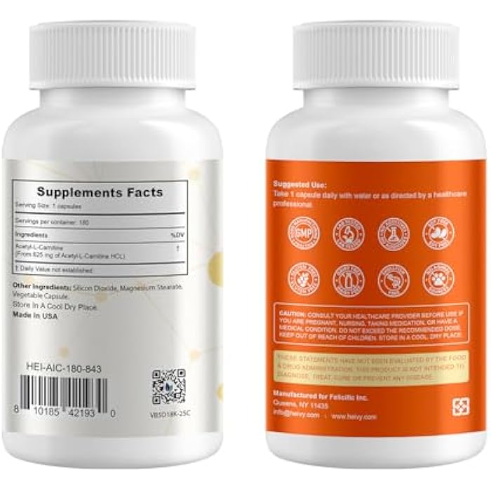 Heivy Acetyl L-Carnitine (ALCAR) 500 mg, 180 Capsules, Amino Acid Support for Brain Function & Nerve Health, Non-GMO and Gluten Free, 1 Capsule per Serving - Image 2