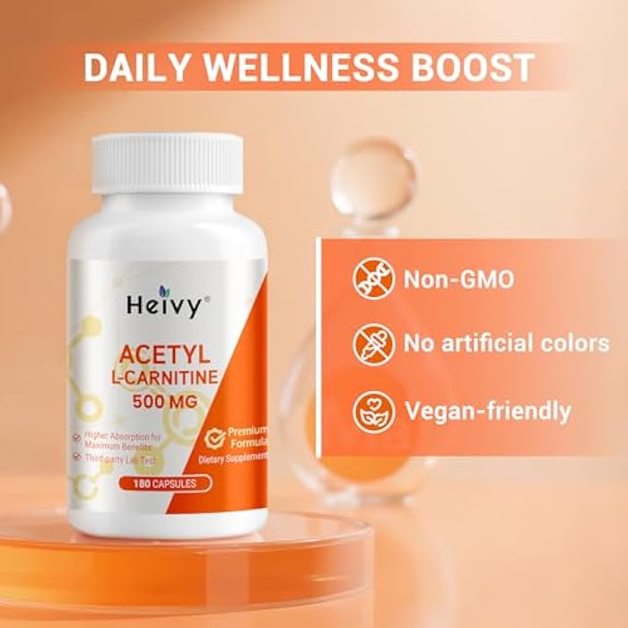Heivy Acetyl L-Carnitine (ALCAR) 500 mg, 180 Capsules, Amino Acid Support for Brain Function & Nerve Health, Non-GMO and Gluten Free, 1 Capsule per Serving - Image 3