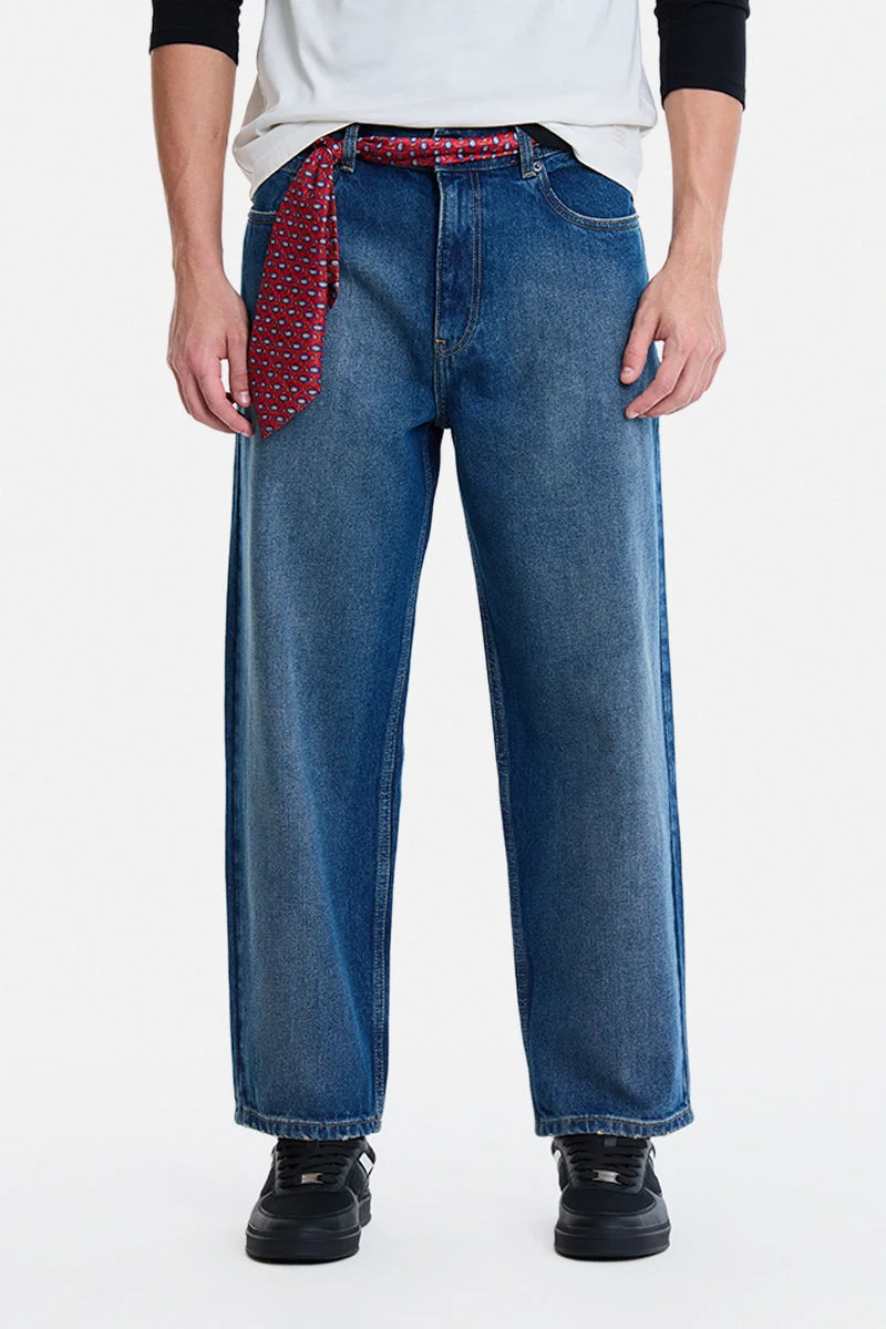 سنيتش Indigo Solid Wide Leg Streetwear Jeans