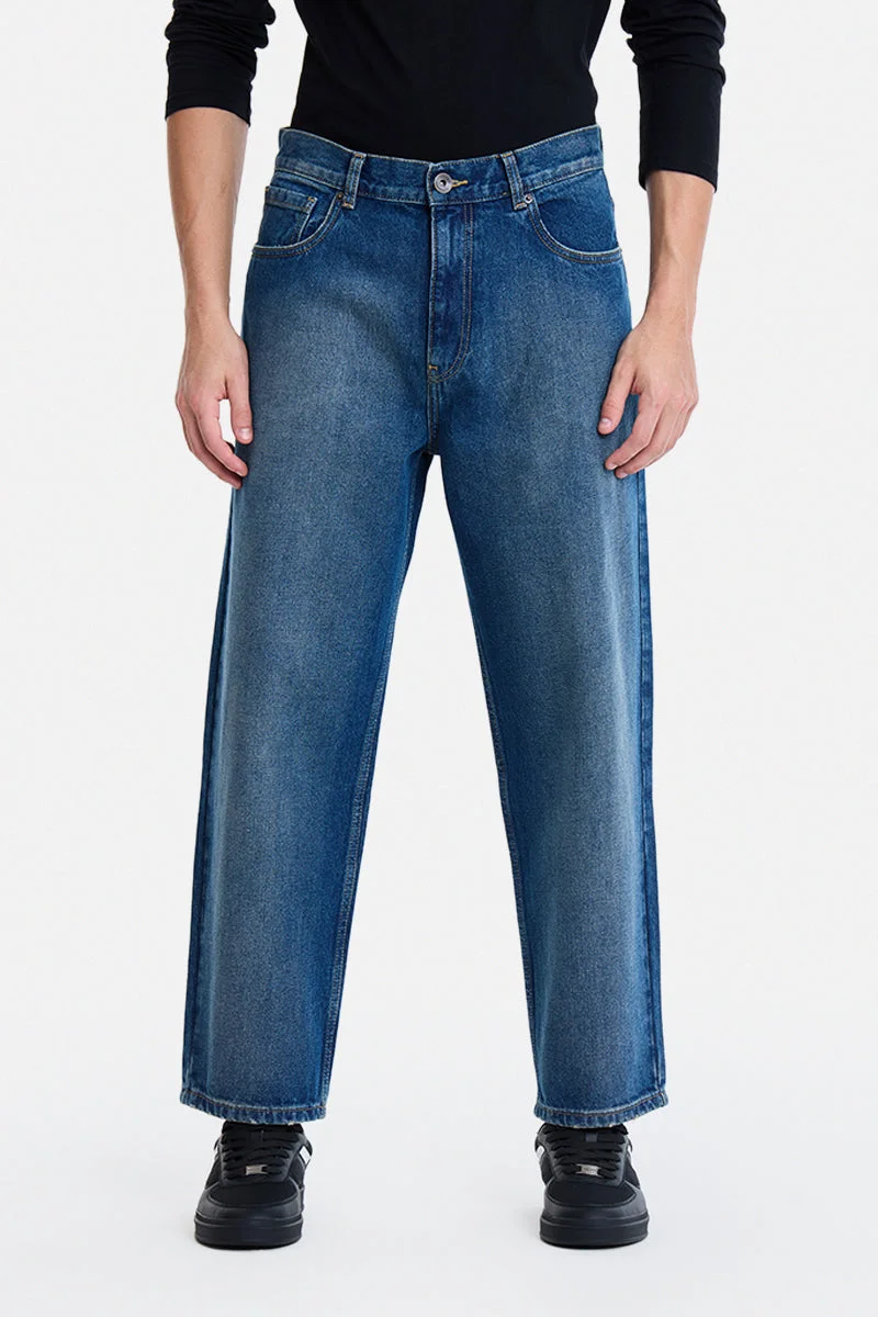 SNITCH Indigo Indigo Solid Wide Leg Streetwear Jeans for Men | Best Price UAE
