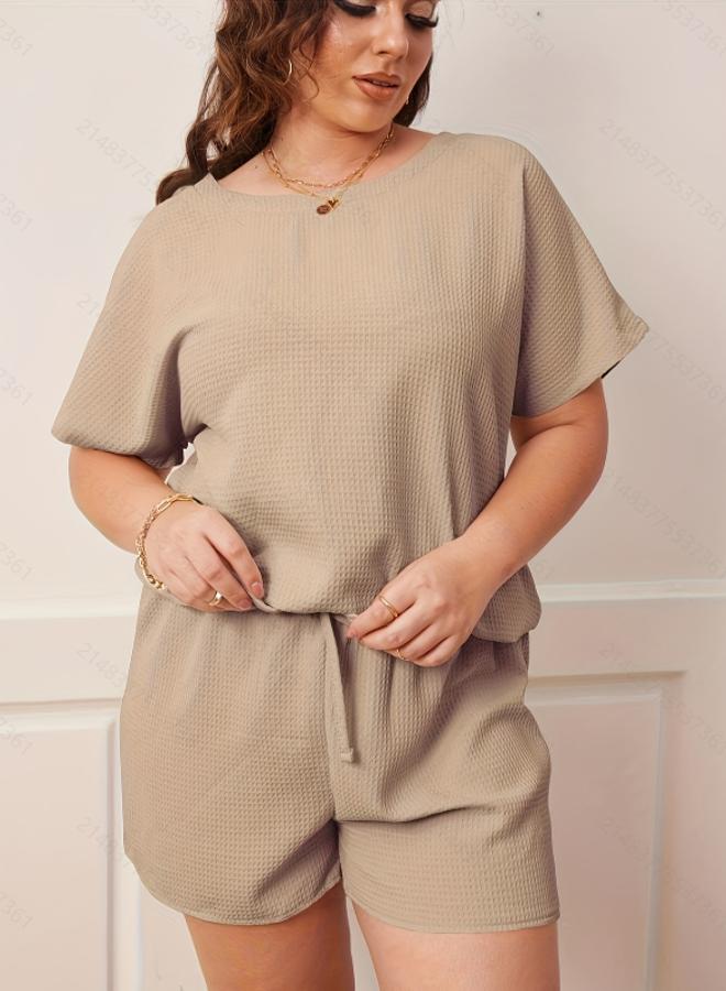 تايك تو طقم بيجاما تيشرت وشورت بلس بلس نسيج وافل - بني - Image 3