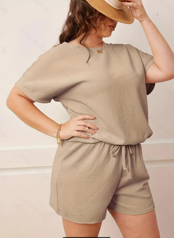 Take Two Plus Size Brown Waffle Knit T-Shirt and Short Pyjama Set