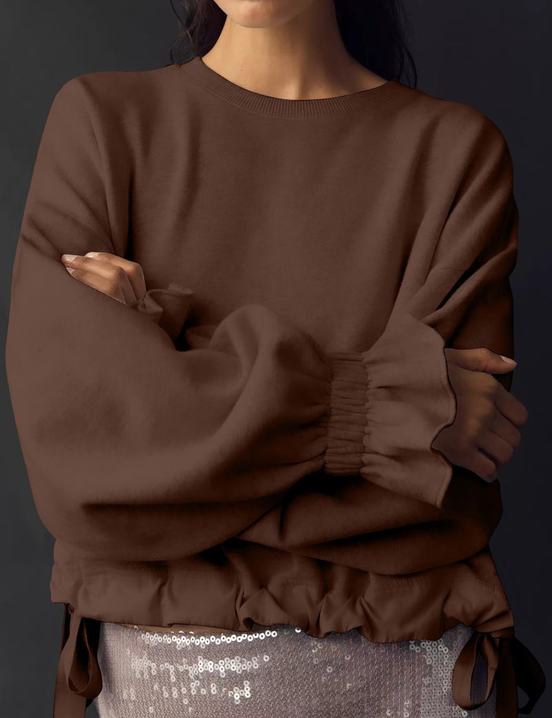 Dsewpaur Women Tie Up Sweatshirt Crewneck Balloon Long Sleeve Shirt Casual Fall Pullover Crop Babydoll Tops Brown - Image 2