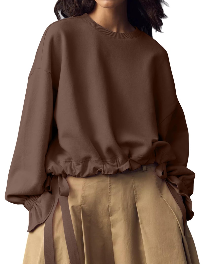 Dsewpaur Women Tie Up Sweatshirt Crewneck Balloon Long Sleeve Shirt Casual Fall Pullover Crop Babydoll Tops Brown - Image 1