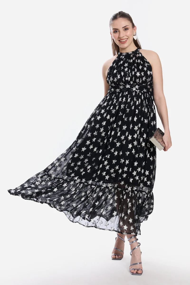 Virgio Stars Viscose Halter Neck Tiered Dress for Women