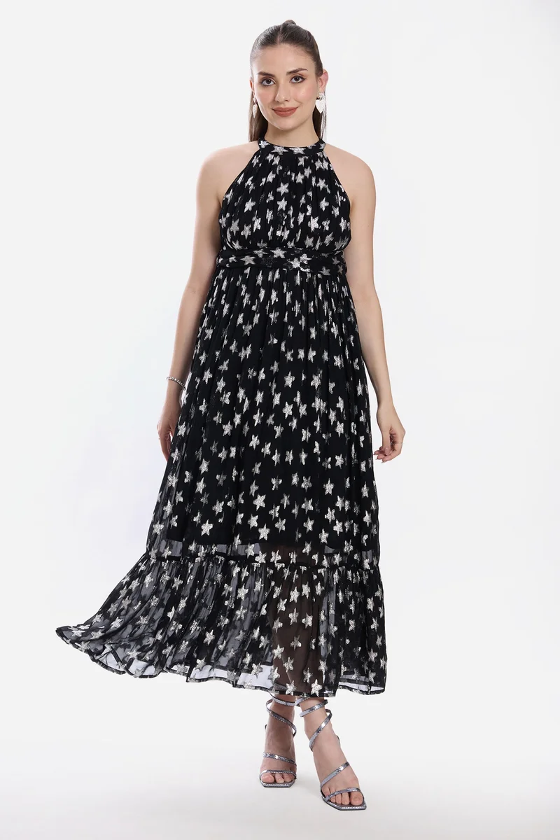 Virgio Stars Viscose Halter Neck Tiered Dress for Women