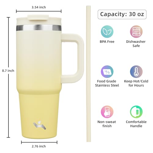 Konokyo 30 oz Tumbler with Handle and 2 Straws,2 in 1 Lid Insulated Water Bottle Stainless Steel Travel Coffee Mug,Lemon - Image 4