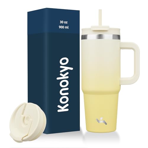 Konokyo 30 oz Tumbler with Handle and 2 Straws,2 in 1 Lid Insulated Water Bottle Stainless Steel Travel Coffee Mug,Lemon - Image 1