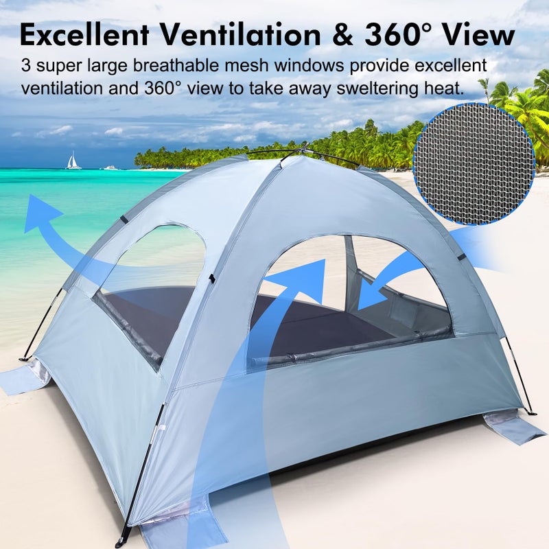 WhiteFang Beach Tent Anti-UV Portable Sun Shade Shelter for 4 Person, Extendable Floor with 3 Ventilating Mesh Windows Plus Carrying Bag, Stakes and Guy Lines (Sierra Blue) - Image 5