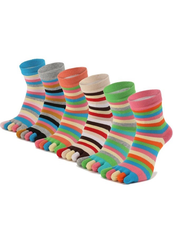 Fasot Toe Socks Women Five Toes Wicking 5 Finger Cotton Athletic Striped Crew 6 Pack - Image 1