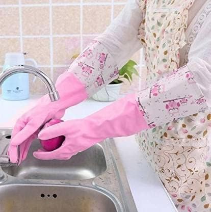 GDNK Reusable Rubber Latex PVC Flock lined Long Sleeves elbow length Hand Gloves for Kitchen Dish-Washing, Cleaning Gloves (Pack of 2) (Blue + Pink) - Image 3