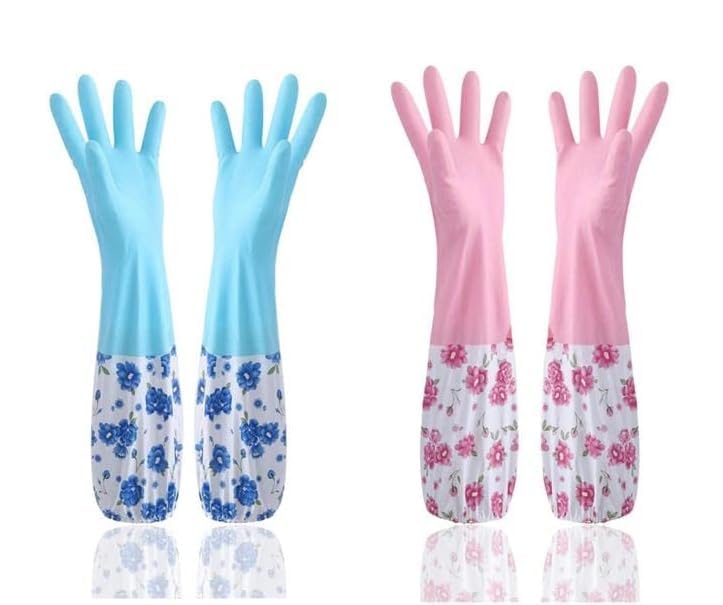 GDNK Reusable Rubber Latex PVC Flock lined Long Sleeves elbow length Hand Gloves for Kitchen Dish-Washing, Cleaning Gloves (Pack of 2) (Blue + Pink) - Image 1