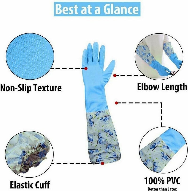 GDNK Reusable Rubber Latex PVC Flock lined Long Sleeves elbow length Hand Gloves for Kitchen Dish-Washing, Cleaning Gloves (Pack of 2) (Blue + Pink) - Image 2