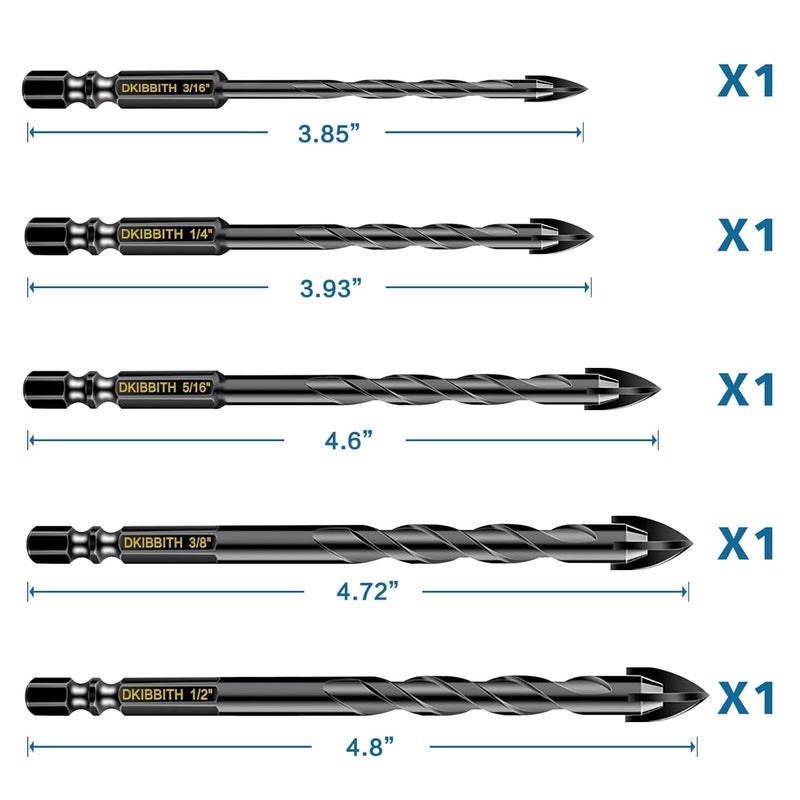 DKIBBITH 5 Pcs Masonry Concrete Drill Bit Set for Tile Brick Glass Plastic Wood, Tungsten Carbide Tip, Hex Shank, Work with Ceramic Porcelain Tile Wall Mirror Paver 3/16" 1/4" 5/16" 3/8" 1/2" Drill Bit Set - Image 2