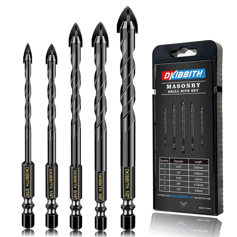 DKIBBITH 5 Pcs Masonry Concrete Drill Bit Set for Tile Brick Glass Plastic Wood, Tungsten Carbide Tip, Hex Shank, Work with Ceramic Porcelain Tile Wall Mirror Paver 3/16" 1/4" 5/16" 3/8" 1/2" Drill Bit Set - Image 1