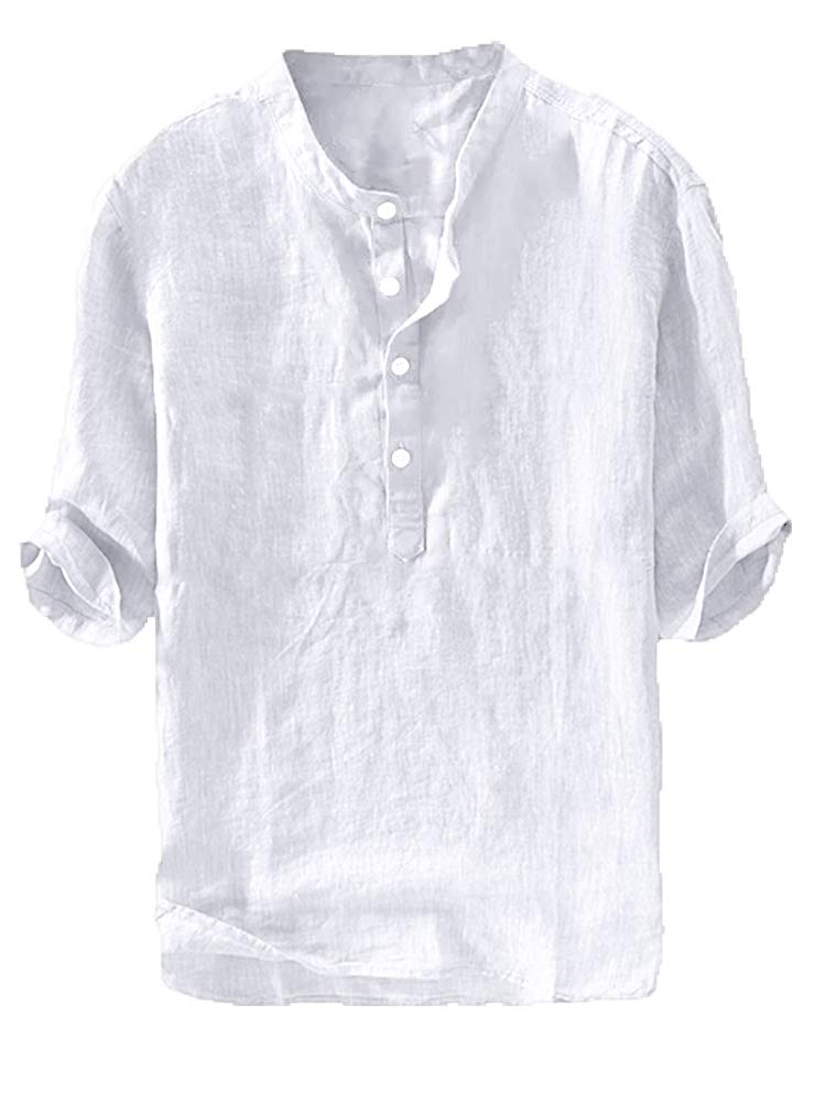 Ryannology Mens Linen Shirts Henley 3/4 Sleeve Casual Cotton T-Shirt Regular-Fit Lightweight Beach Yoga Tunic Tops - Image 1