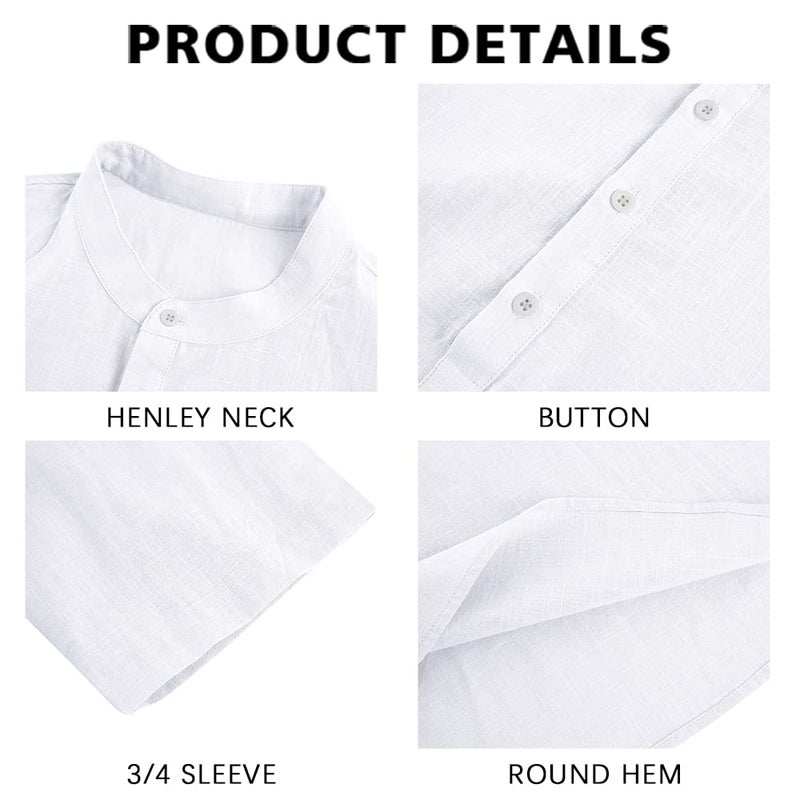 Ryannology Mens Linen Shirts Henley 3/4 Sleeve Casual Cotton T-Shirt Regular-Fit Lightweight Beach Yoga Tunic Tops - Image 2