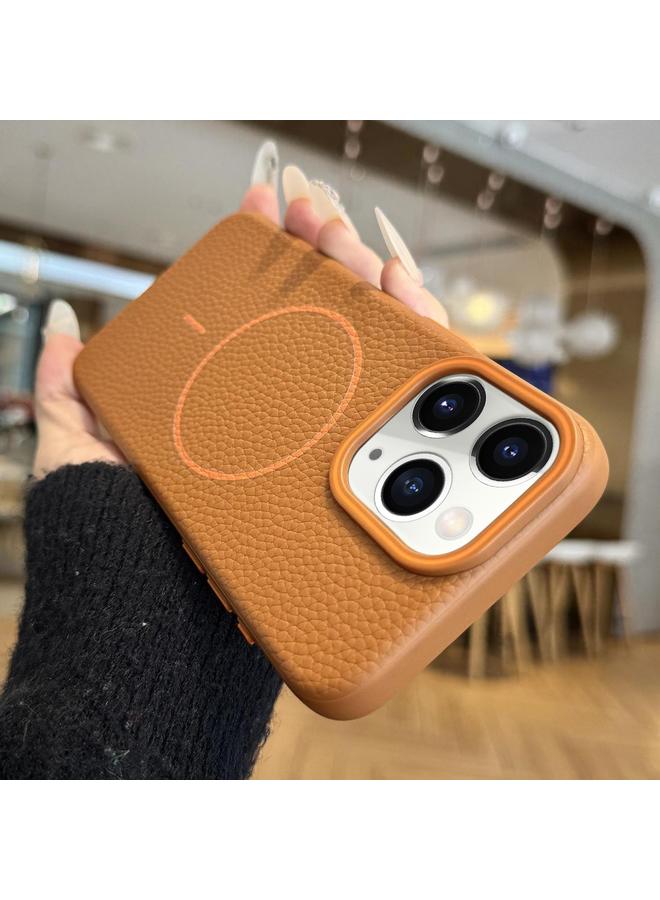 زبون جراب لهاتف iPhone 11 Pro Max من مادة TPU ذات حلقة برتقالية MagSafe Litchi Grain - Image 1