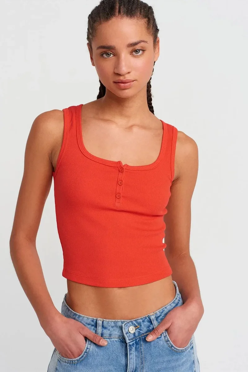 DILVIN Women's Ribbed Crop Button-front Cami Blouse