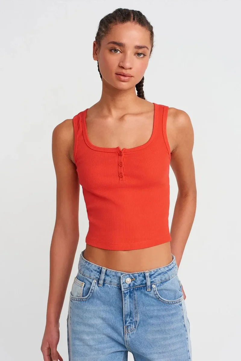 Dilvin Bright Orange DILVIN Women's Ribbed Crop Button-front Cami Blouse for Women | Best Price UAE